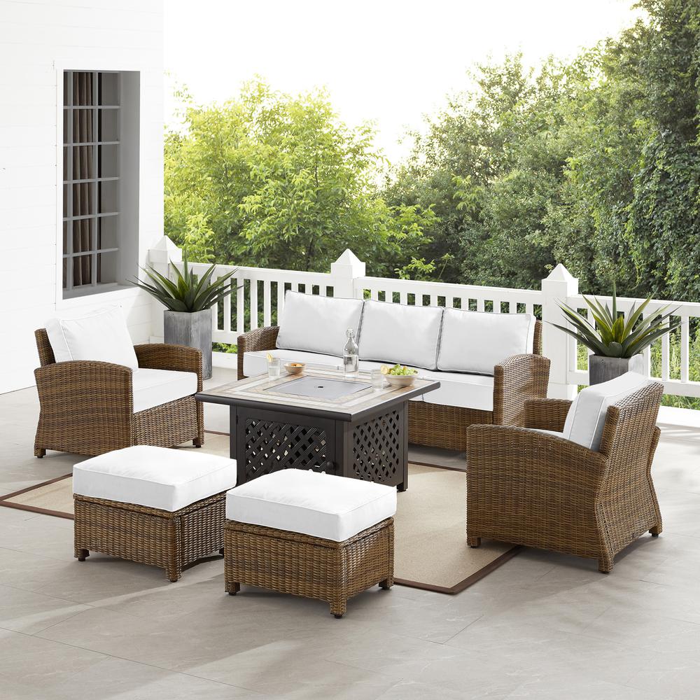 Bradenton 6Pc Outdoor Sofa Set W/Fire Table - Sunbrella White/Weathered Brown - Tucson Fire Table, Sofa, 2 Armchairs & 2 Ottomans. Picture 3