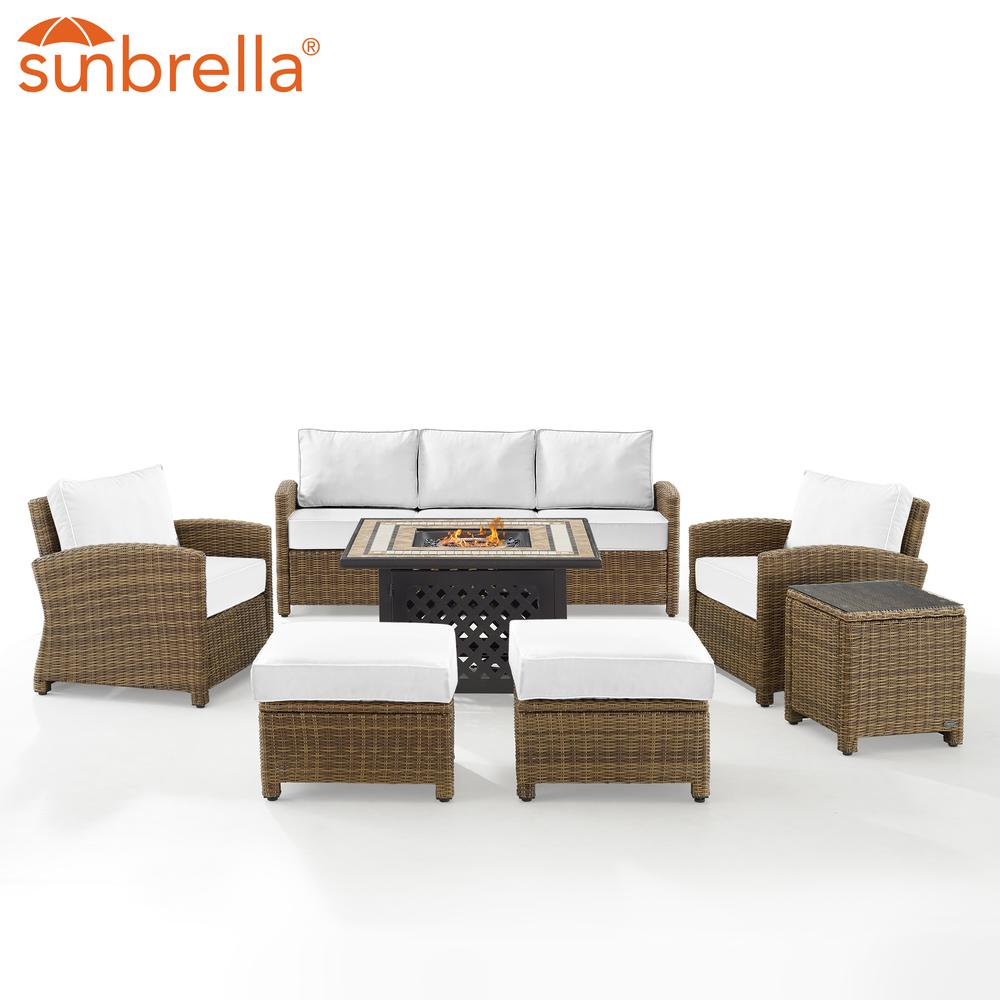 Bradenton 6Pc Outdoor Sofa Set W/Fire Table - Sunbrella White/Weathered Brown - Tucson Fire Table, Sofa, 2 Armchairs & 2 Ottomans. Picture 9