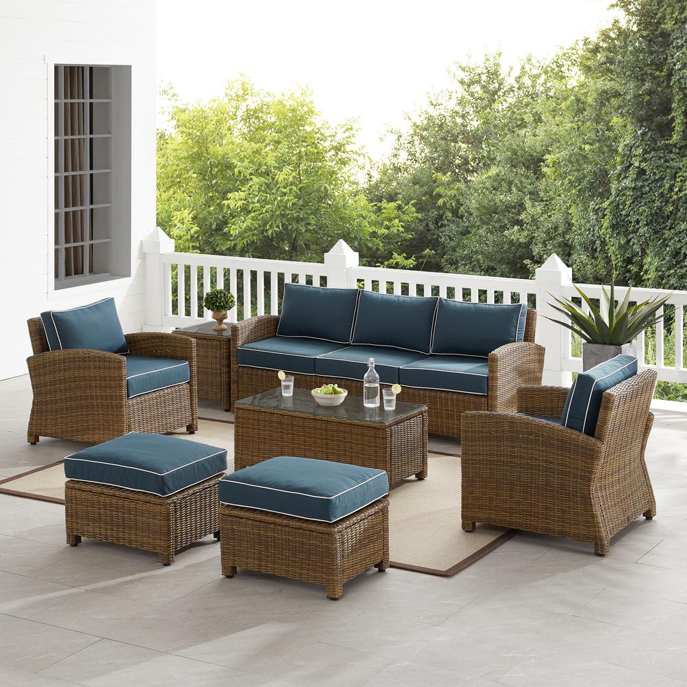 Bradenton 7Pc Outdoor Wicker Sofa Set Navy/Weathered Brown - Sofa, Coffee Table, Side Table, 2 Armchairs & 2 Ottomans. Picture 10