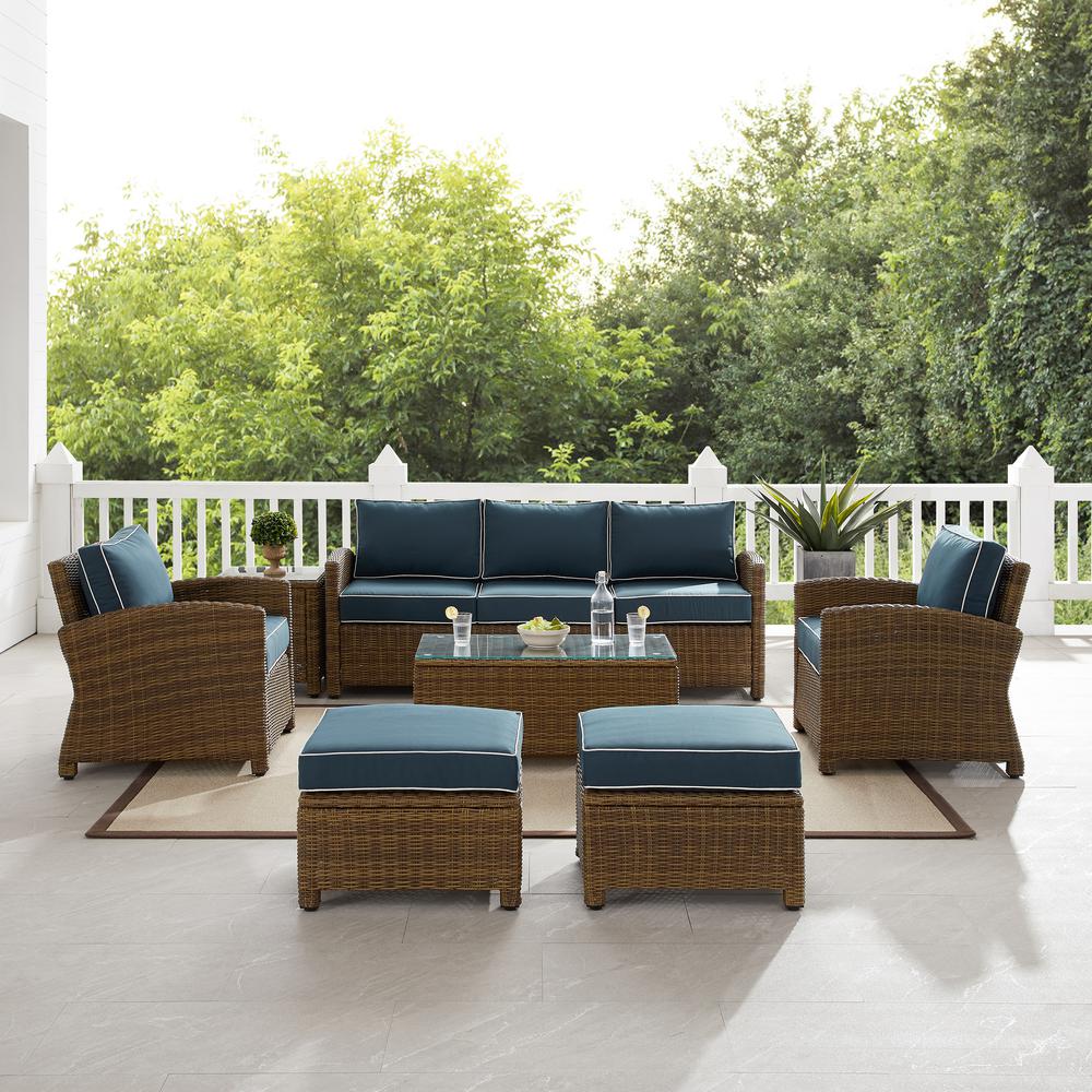 Bradenton 7Pc Outdoor Wicker Sofa Set Navy/Weathered Brown - Sofa, Coffee Table, Side Table, 2 Armchairs & 2 Ottomans. Picture 12