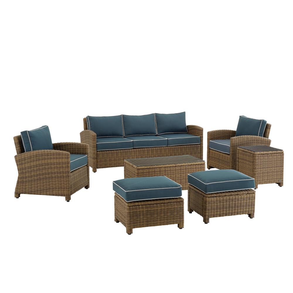 Bradenton 7Pc Outdoor Wicker Sofa Set Navy/Weathered Brown - Sofa, Coffee Table, Side Table, 2 Armchairs & 2 Ottomans. Picture 17