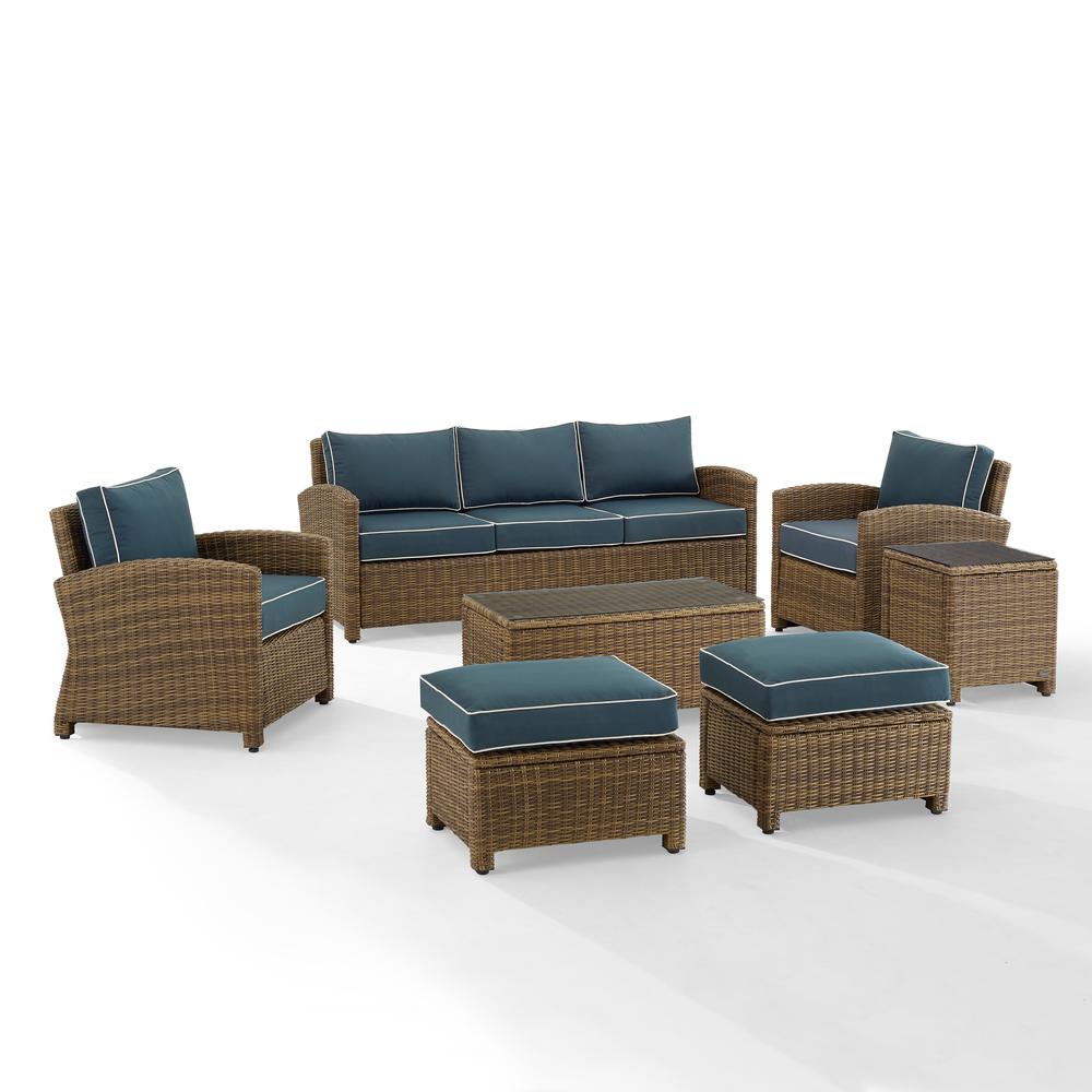 Bradenton 7Pc Outdoor Wicker Sofa Set Navy/Weathered Brown - Sofa, Coffee Table, Side Table, 2 Armchairs & 2 Ottomans. Picture 11