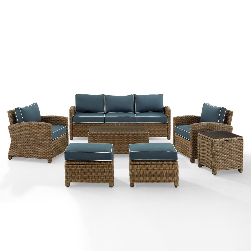 Bradenton 7Pc Outdoor Wicker Sofa Set Navy/Weathered Brown - Sofa, Coffee Table, Side Table, 2 Armchairs & 2 Ottomans. Picture 15