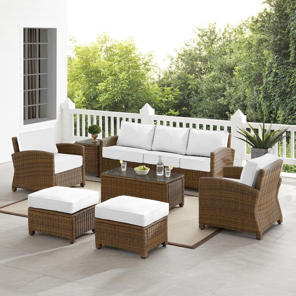 Bradenton 7Pc Outdoor Wicker Sofa Set - Sunbrella White/Weathered Brown - Sofa, Coffee Table, Side Table, 2 Armchairs & 2 Ottomans. Picture 1