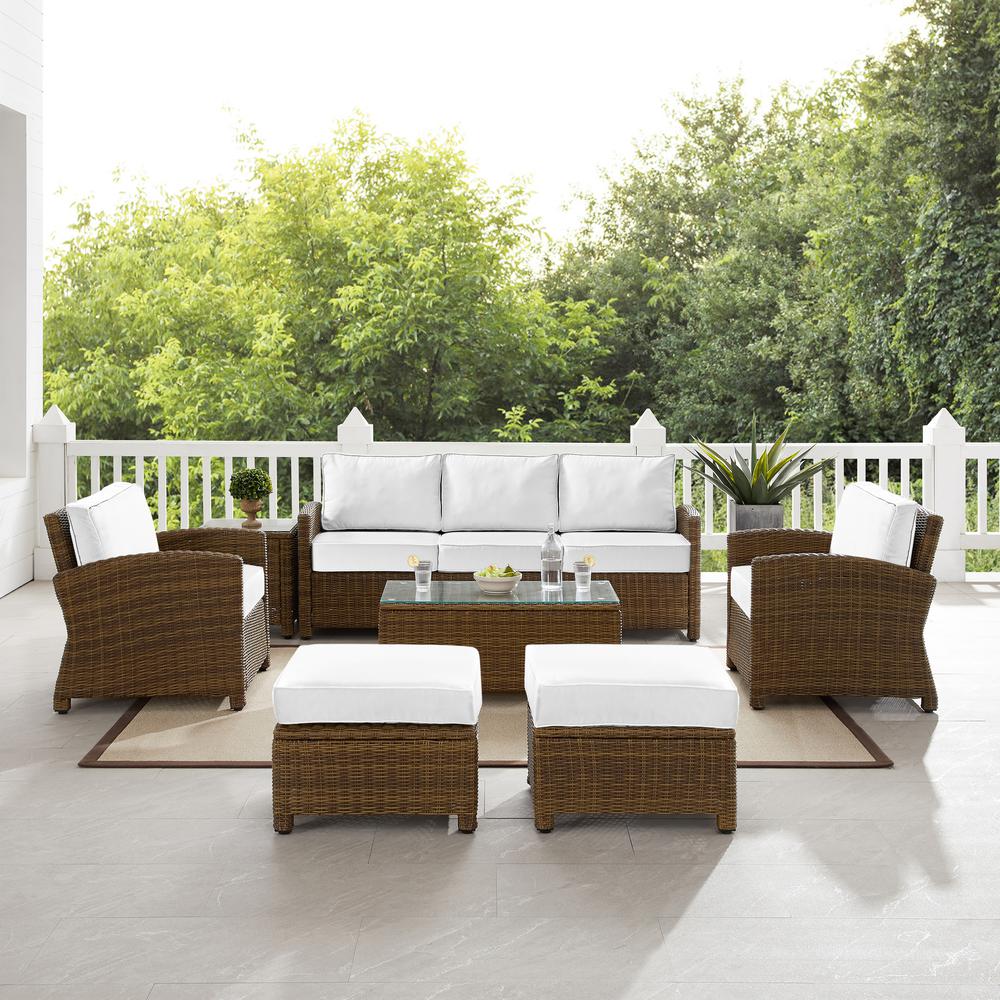 Bradenton 7Pc Outdoor Wicker Sofa Set - Sunbrella White/Weathered Brown - Sofa, Coffee Table, Side Table, 2 Armchairs & 2 Ottomans. Picture 2