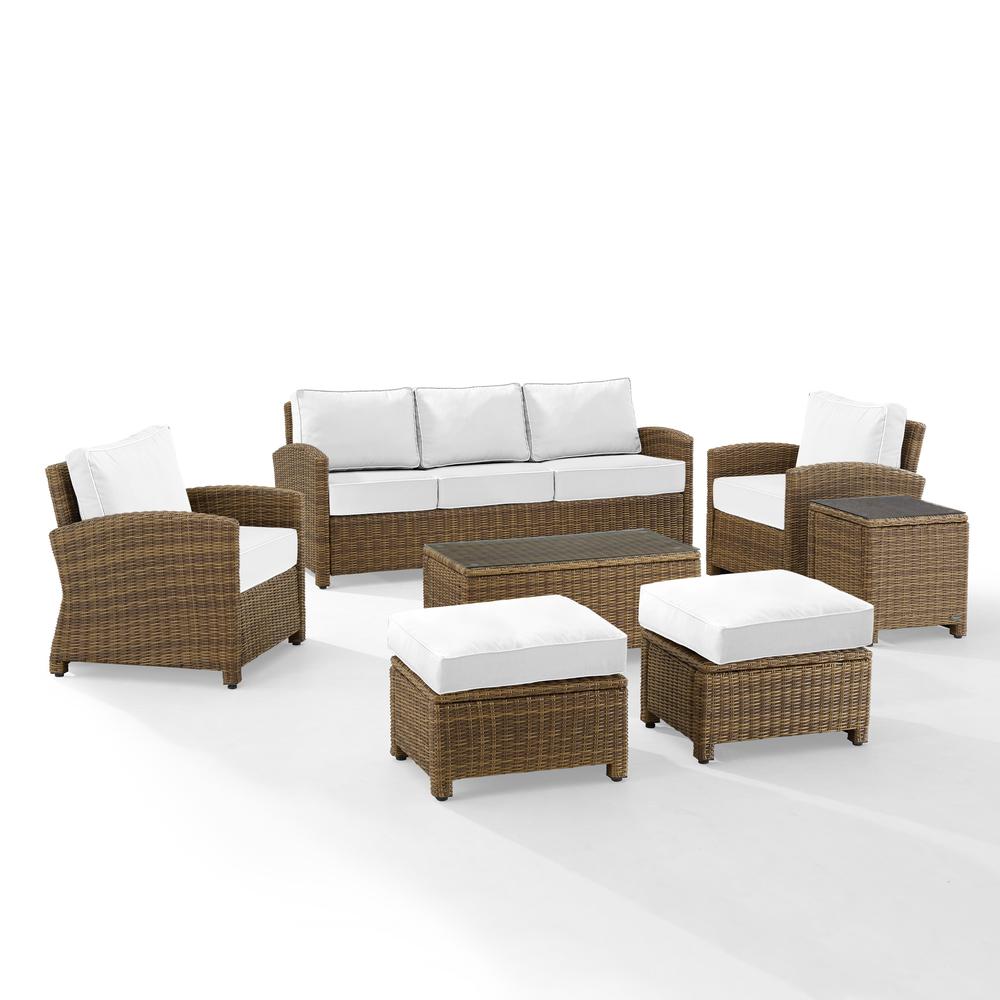 Bradenton 7Pc Outdoor Wicker Sofa Set - Sunbrella White/Weathered Brown - Sofa, Coffee Table, Side Table, 2 Armchairs & 2 Ottomans. Picture 6