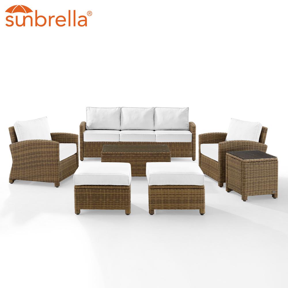 Bradenton 7Pc Outdoor Wicker Sofa Set - Sunbrella White/Weathered Brown - Sofa, Coffee Table, Side Table, 2 Armchairs & 2 Ottomans. Picture 7
