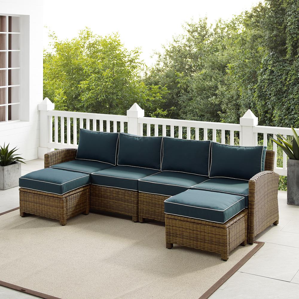 Bradenton 4Pc Outdoor Wicker Sectional Set Navy /Weathered Brown - Left Loveseat, Right Loveseat, & 2 Ottomans. Picture 1