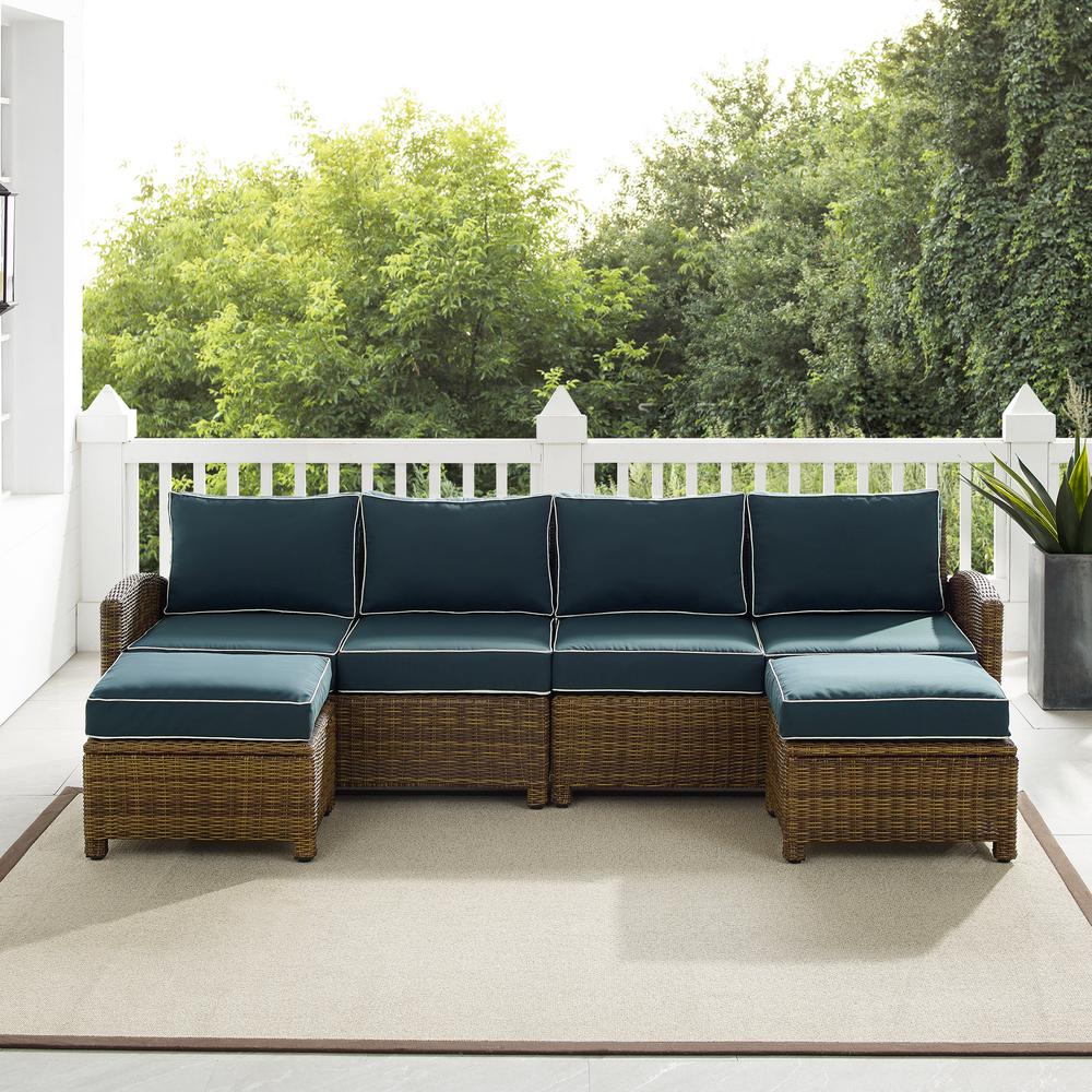 Bradenton 4Pc Outdoor Wicker Sectional Set Navy /Weathered Brown - Left Loveseat, Right Loveseat, & 2 Ottomans. Picture 2