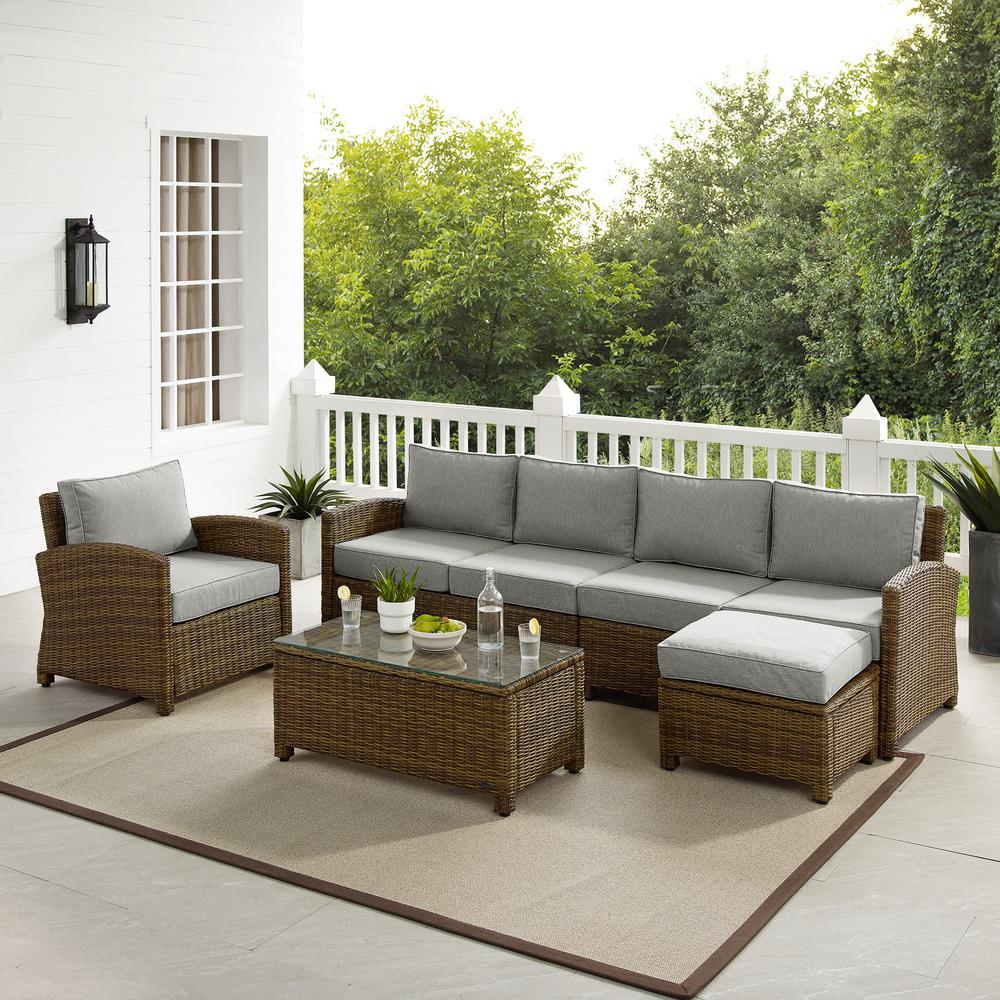 Bradenton 5Pc Outdoor Wicker Sectional Set Gray /Weathered Brown - Left Loveseat, Right Loveseat, Armchair, Coffee Table, & Ottoman. Picture 1