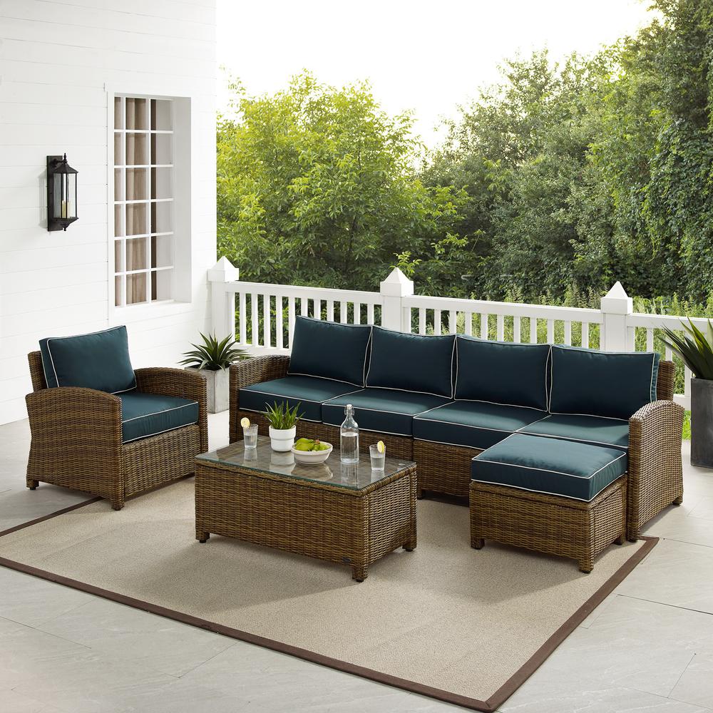 Bradenton 5Pc Outdoor Wicker Sectional Set Navy /Weathered Brown - Left Loveseat, Right Loveseat, Armchair, Coffee Table, & Ottoman. Picture 1