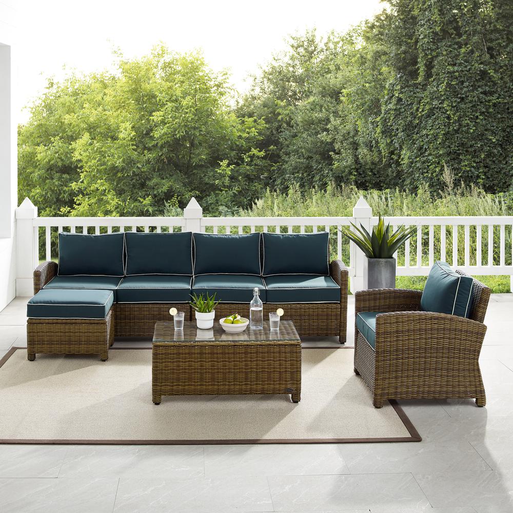 Bradenton 5Pc Outdoor Wicker Sectional Set Navy /Weathered Brown - Left Loveseat, Right Loveseat, Armchair, Coffee Table, & Ottoman. Picture 2