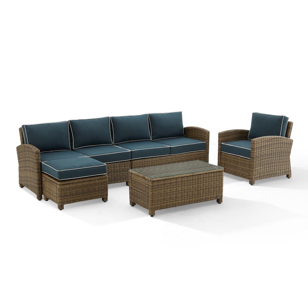 Bradenton 5Pc Outdoor Wicker Sectional Set Navy /Weathered Brown - Left Loveseat, Right Loveseat, Armchair, Coffee Table, & Ottoman. Picture 6