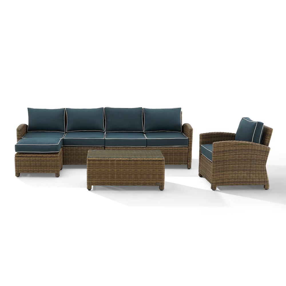 Bradenton 5Pc Outdoor Wicker Sectional Set Navy /Weathered Brown - Left Loveseat, Right Loveseat, Armchair, Coffee Table, & Ottoman. Picture 7