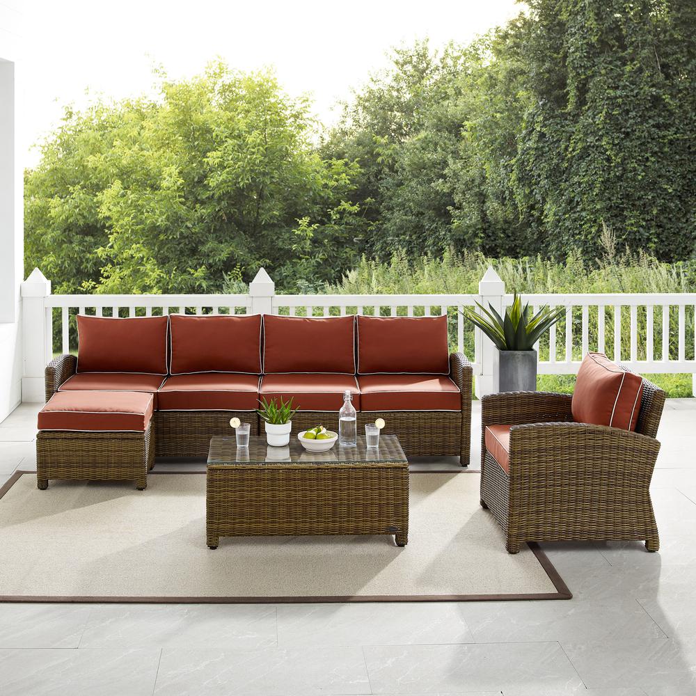 Bradenton 5Pc Outdoor Wicker Sectional Set Sangria /Weathered Brown - Left Loveseat, Right Loveseat, Armchair, Coffee Table, & Ottoman. Picture 2