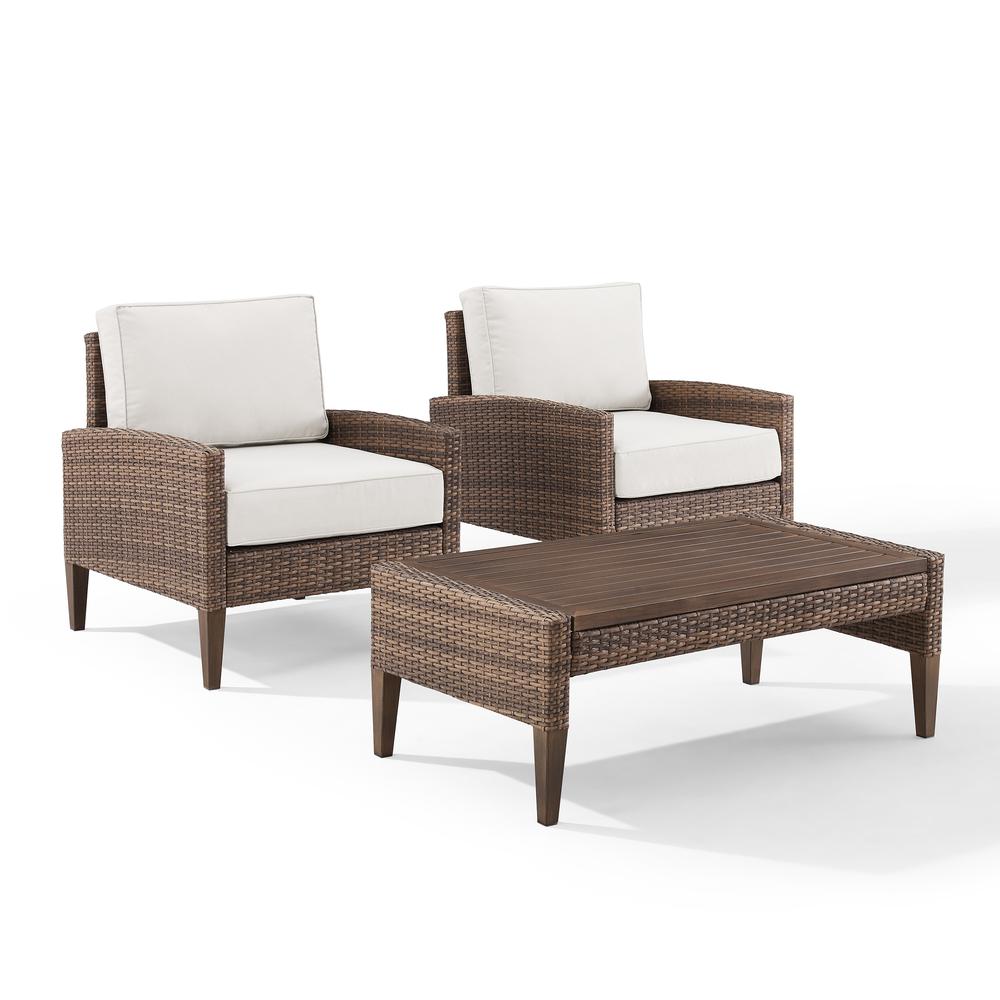 Capella Outdoor Wicker 3Pc Chair Set Creme/Brown - Coffee Table & 2 Armchairs. Picture 1