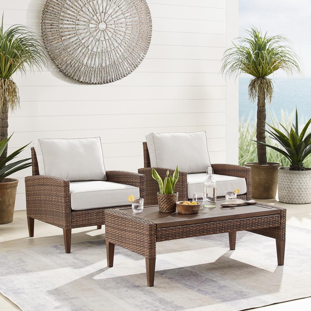 Capella Outdoor Wicker 3Pc Chair Set Creme/Brown - Coffee Table & 2 Armchairs. Picture 6