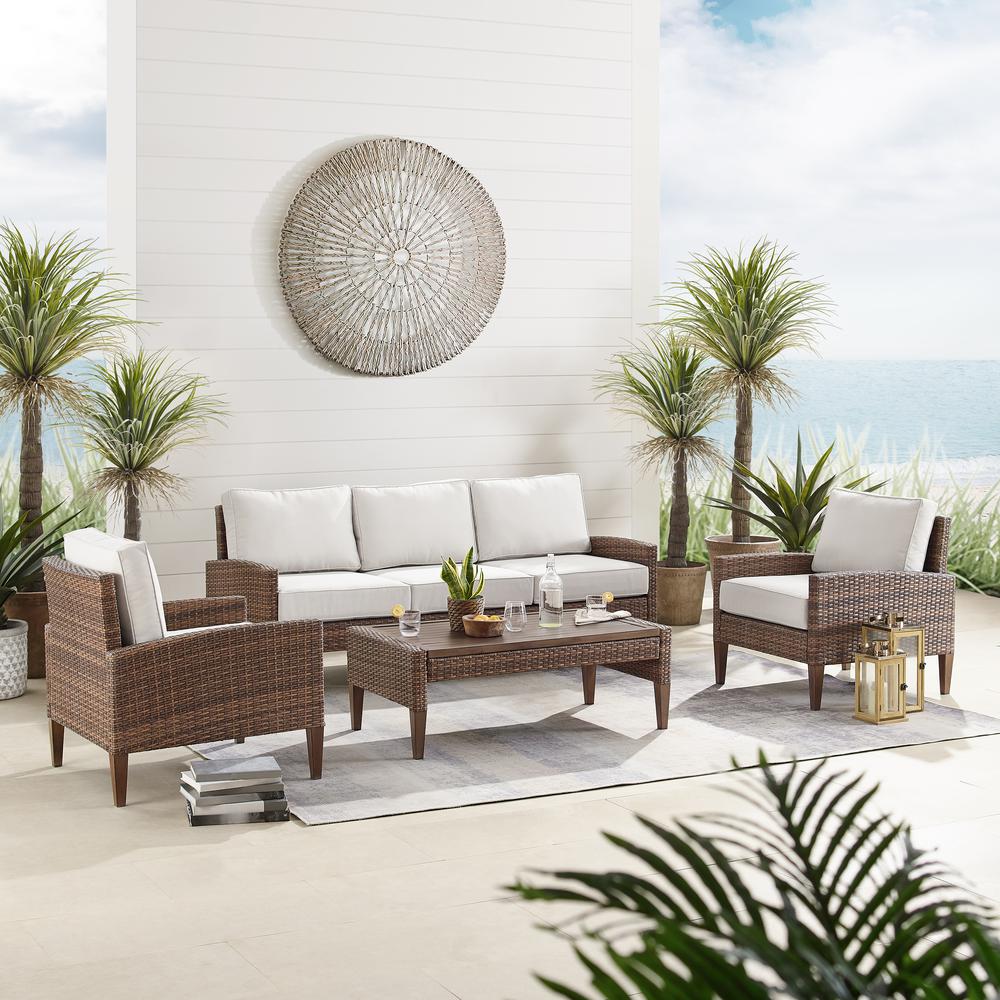 Capella Outdoor Wicker 4Pc Sofa Set Creme/Brown - Coffee Table, Sofa, & 2 Armchairs. Picture 6
