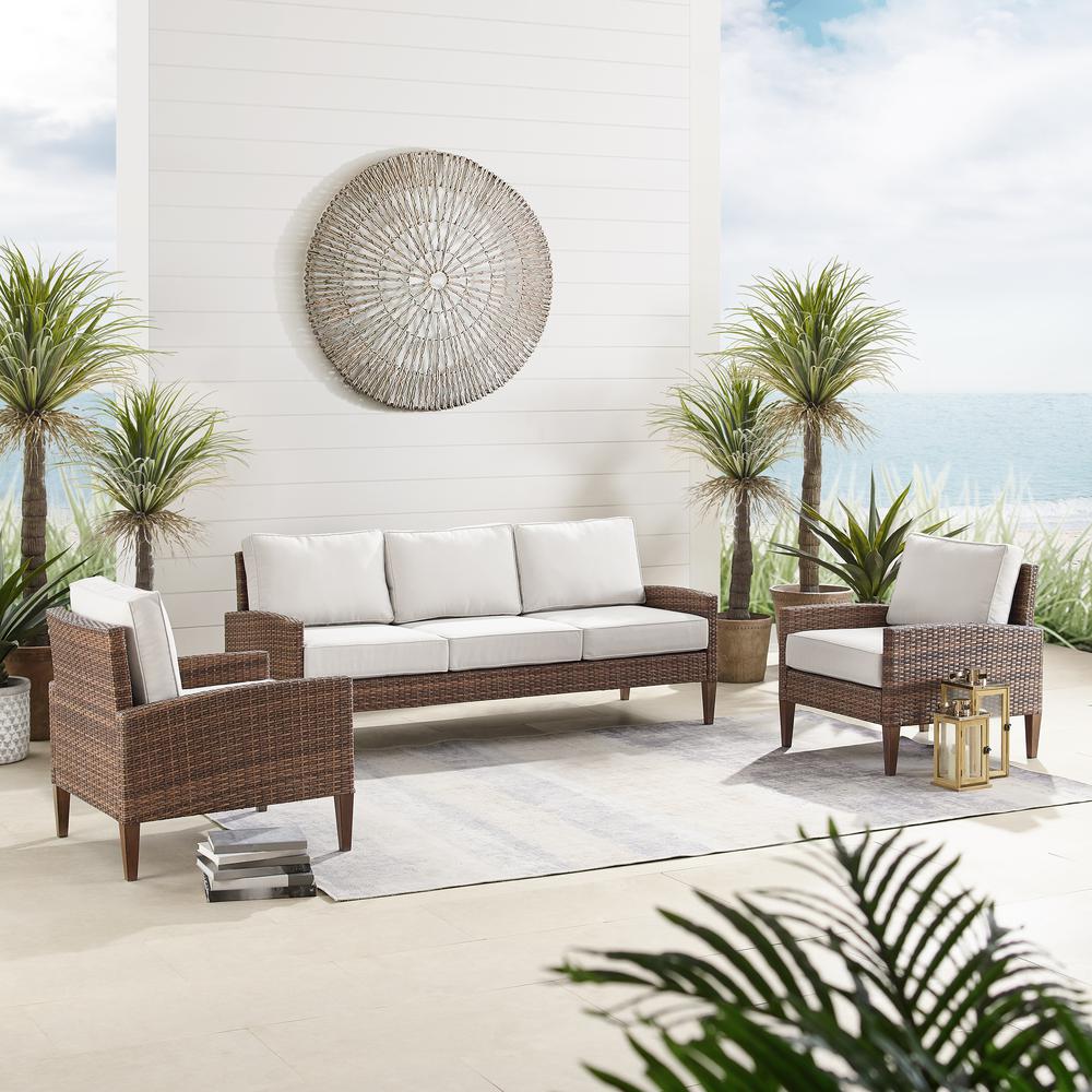 Capella Outdoor Wicker 3Pc Sofa Set Creme/Brown - Sofa & 2 Armchairs. Picture 5