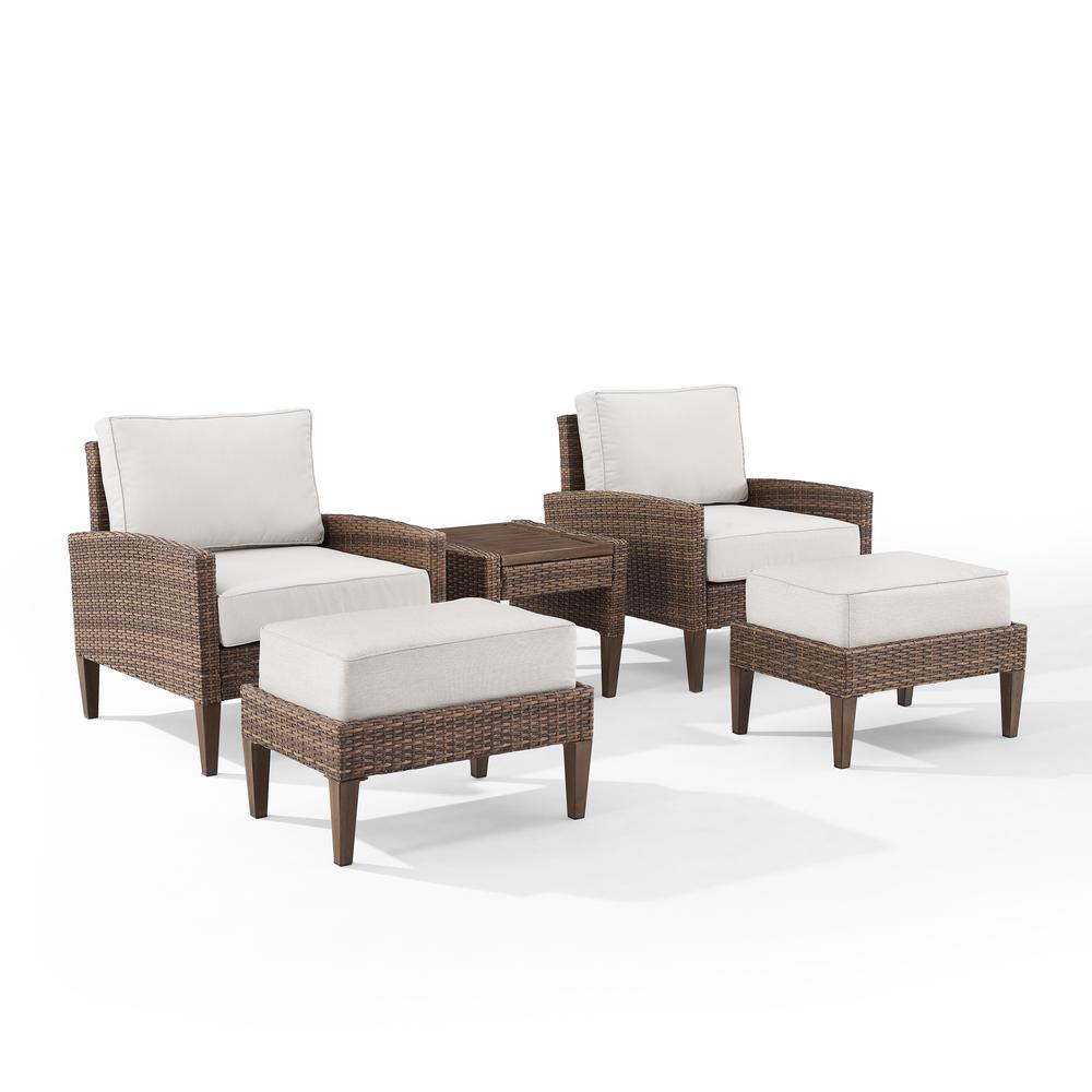 Capella 5Pc Outdoor Wicker Chair Set Creme/Brown - Side Table, 2 Armchairs, & 2 Ottomans. Picture 1