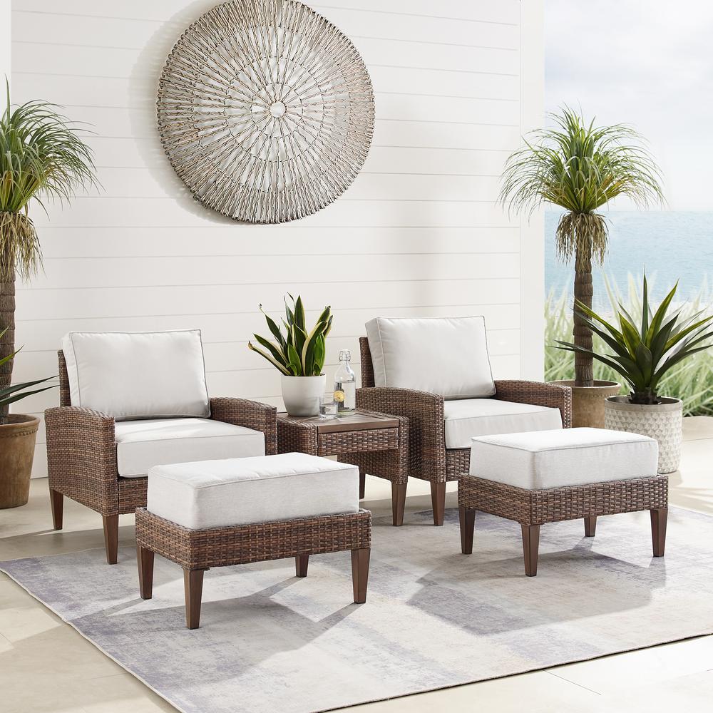Capella 5Pc Outdoor Wicker Chair Set Creme/Brown - Side Table, 2 Armchairs, & 2 Ottomans. Picture 4