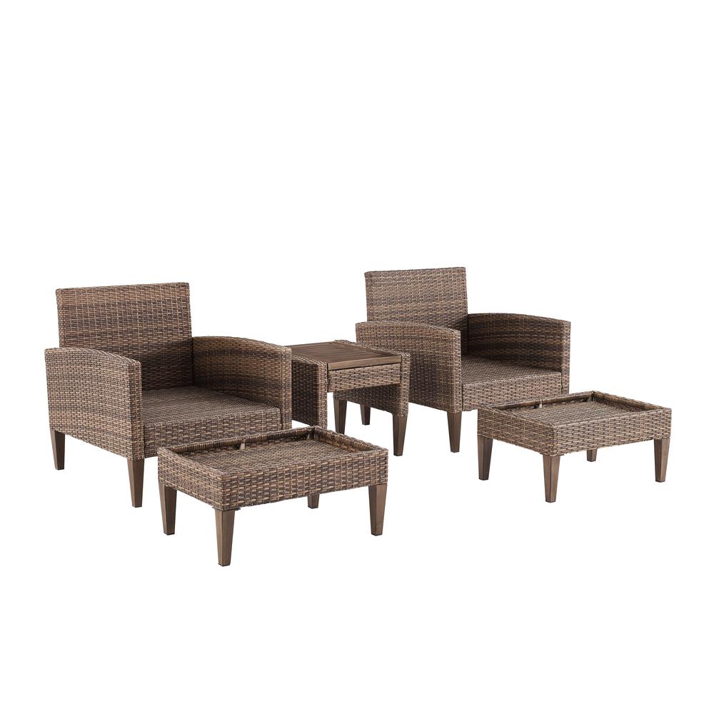 Capella 5Pc Outdoor Wicker Chair Set Creme/Brown - Side Table, 2 Armchairs, & 2 Ottomans. Picture 6