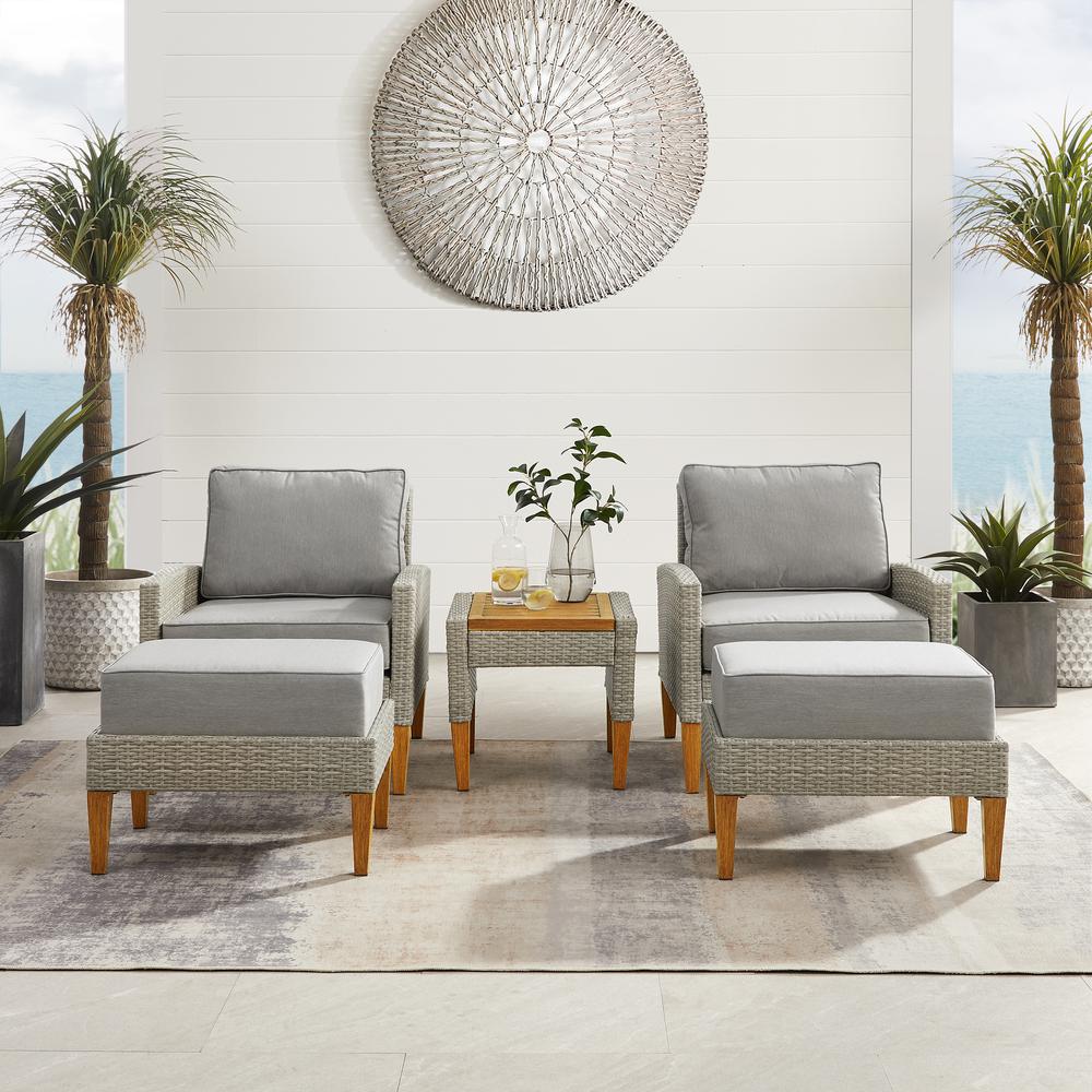 Capella 5Pc Outdoor Wicker Chair Set Gray/Acorn - Side Table, 2 Armchairs, & 2 Ottomans. Picture 6