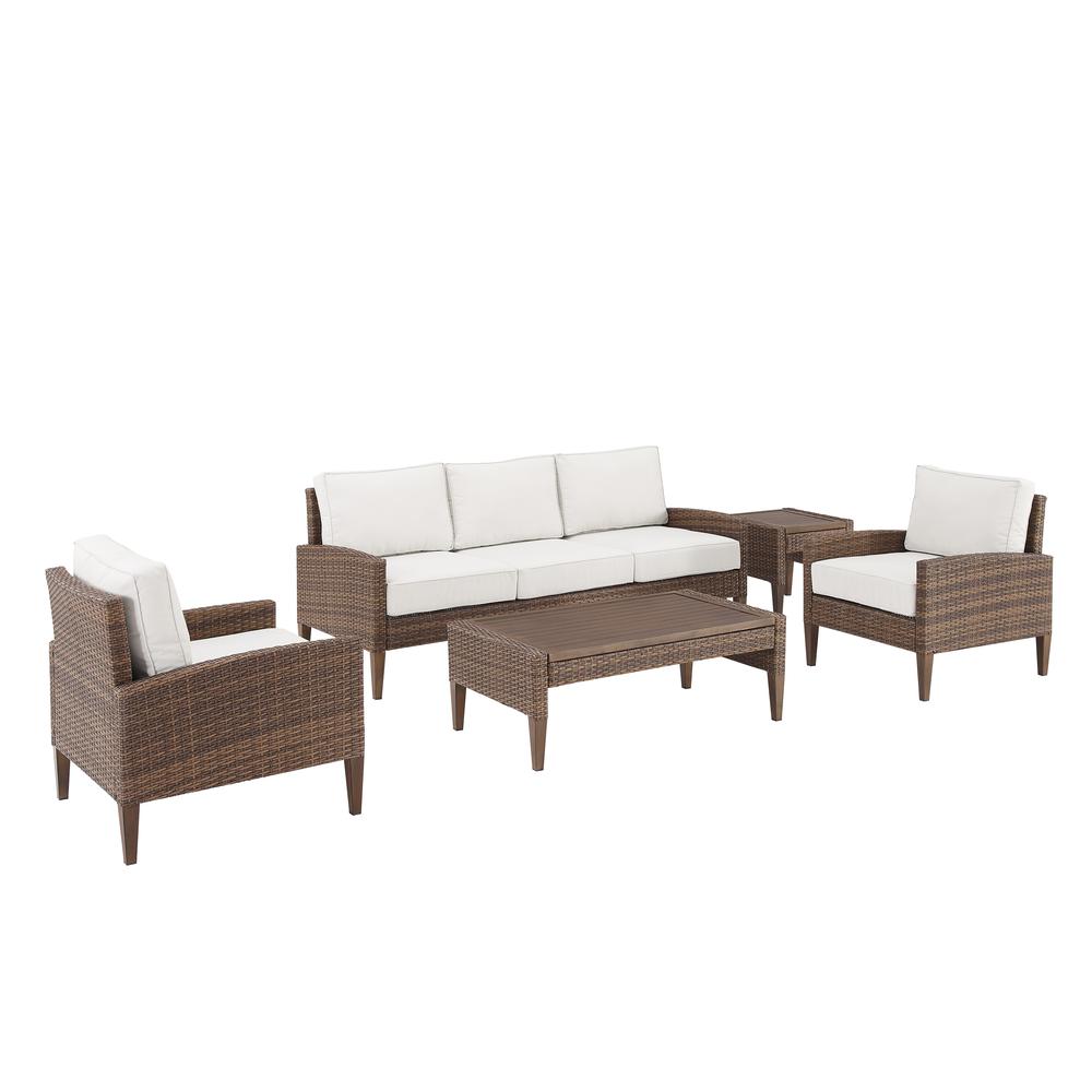 Capella 5Pc Outdoor Wicker Sofa Set Creme/Brown - Sofa, Coffee Table, Side Table, & 2 Armchairs. Picture 1