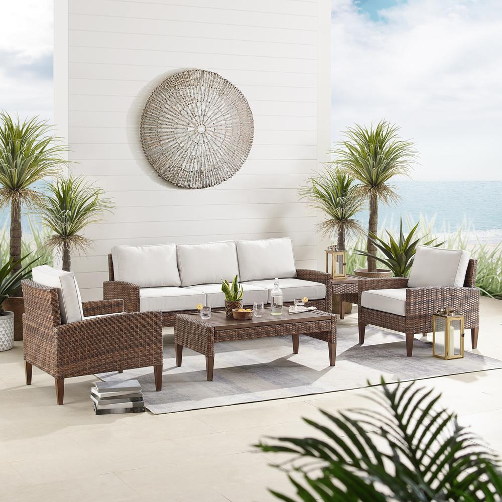 Capella 5Pc Outdoor Wicker Sofa Set Creme/Brown - Sofa, Coffee Table, Side Table, & 2 Armchairs. Picture 6