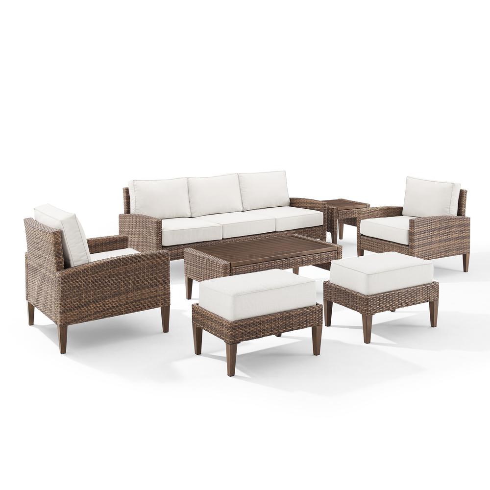 Capella 7Pc Outdoor Wicker Sofa Set Creme/Brown - Sofa, Coffee Table, Side Table, 2 Armchairs, & 2 Ottomans. Picture 1