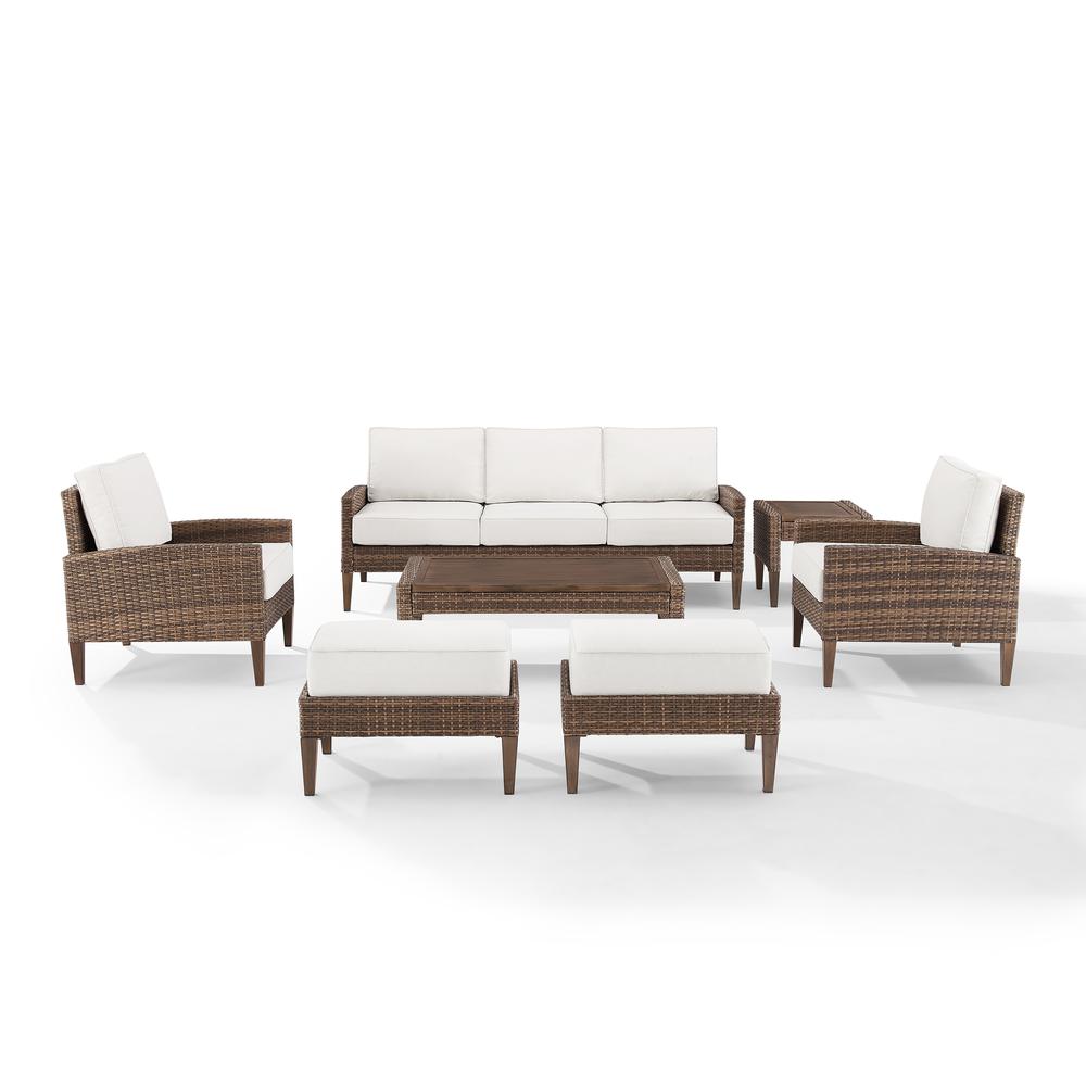 Capella 7Pc Outdoor Wicker Sofa Set Creme/Brown - Sofa, Coffee Table, Side Table, 2 Armchairs, & 2 Ottomans. Picture 2