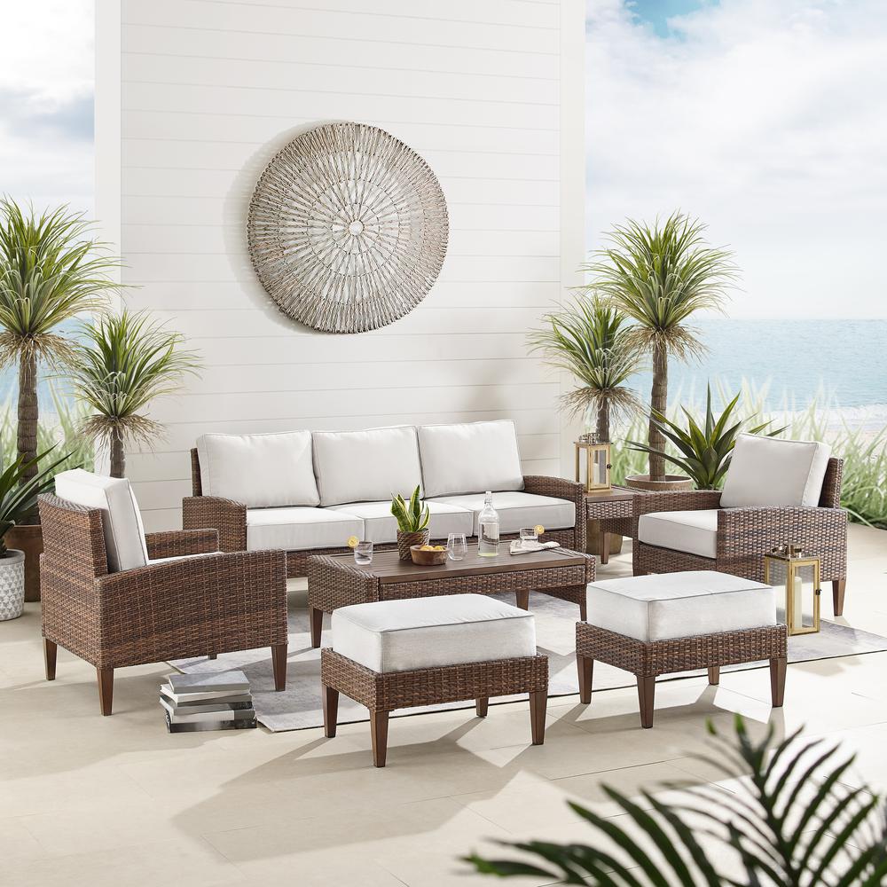 Capella 7Pc Outdoor Wicker Sofa Set Creme/Brown - Sofa, Coffee Table, Side Table, 2 Armchairs, & 2 Ottomans. Picture 6