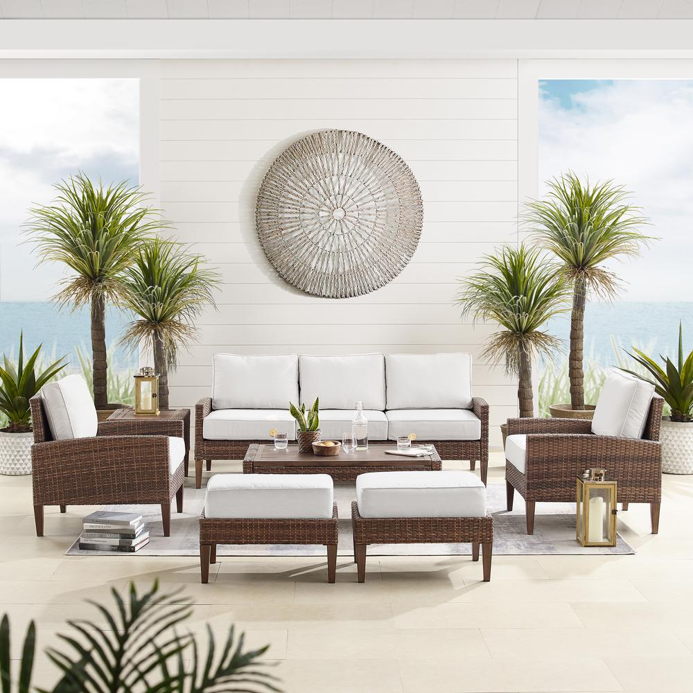 Capella 7Pc Outdoor Wicker Sofa Set Creme/Brown - Sofa, Coffee Table, Side Table, 2 Armchairs, & 2 Ottomans. Picture 7