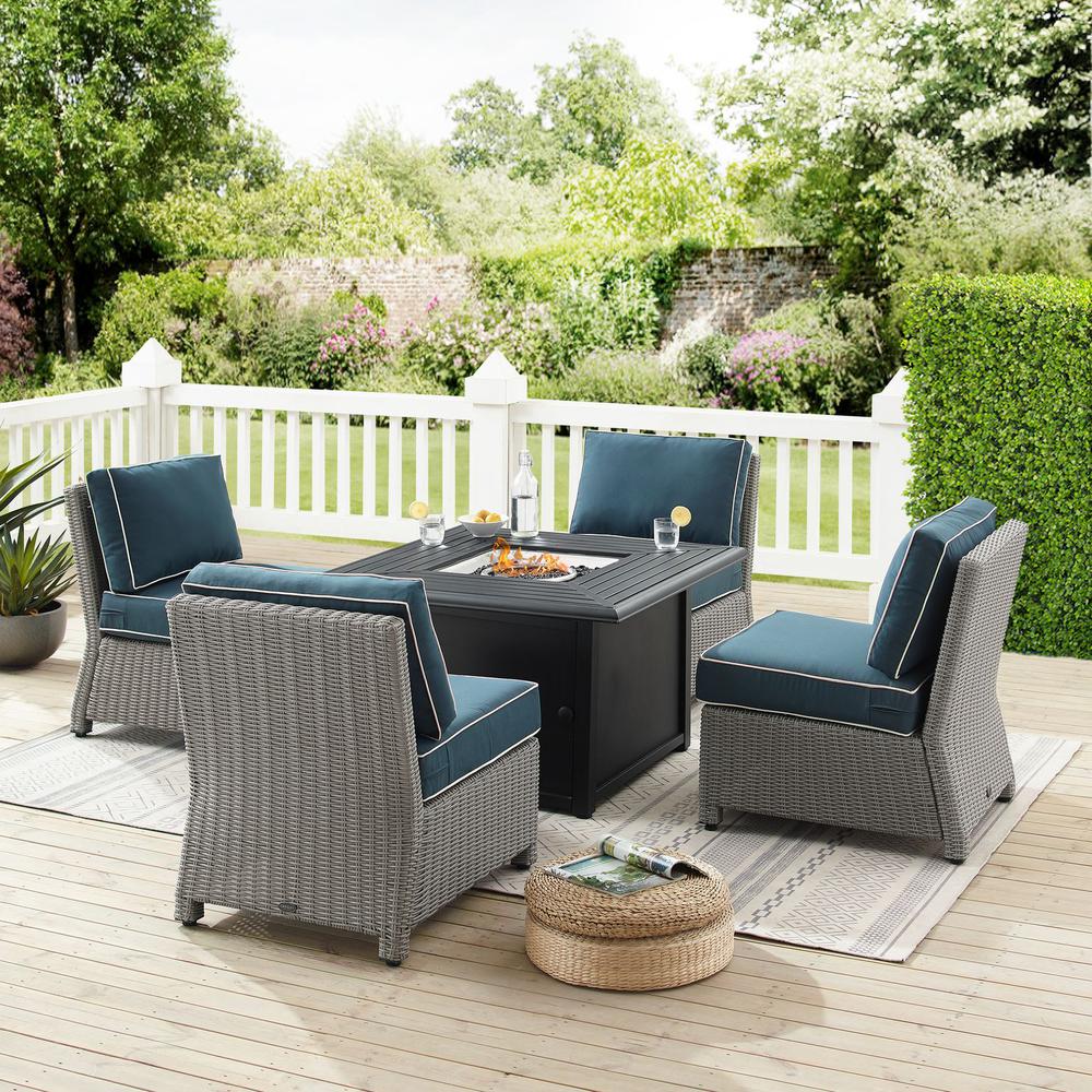 Bradenton 5Pc Outdoor Wicker Conversation Set W/Fire Table Navy/Gray - Dante Fire Table & 4 Armless Chairs. Picture 8