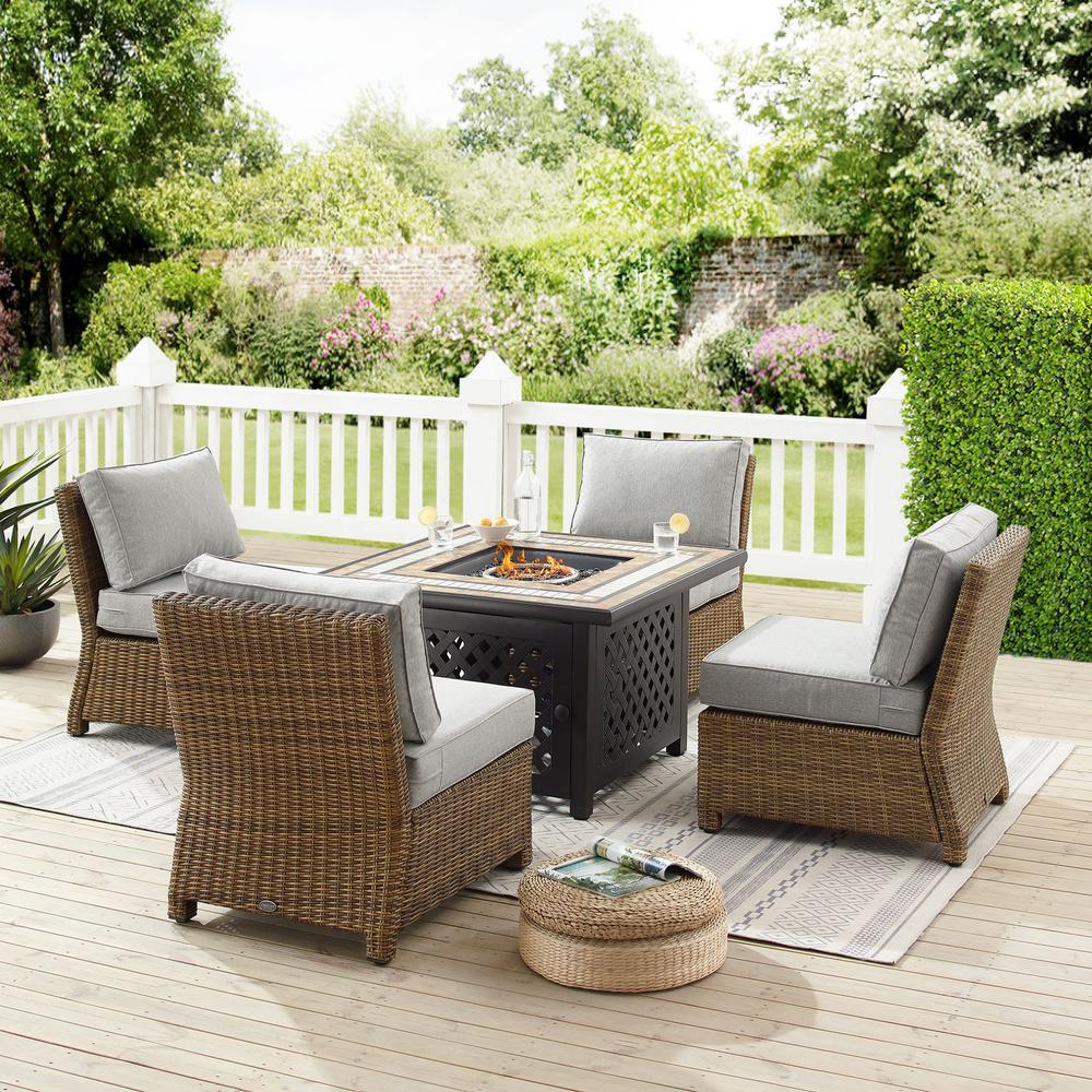 Bradenton 5Pc Outdoor Wicker Conversation Set W/Fire Table Gray/Weathered Brown - Tucson Fire Table & 4 Armless Chairs. Picture 4