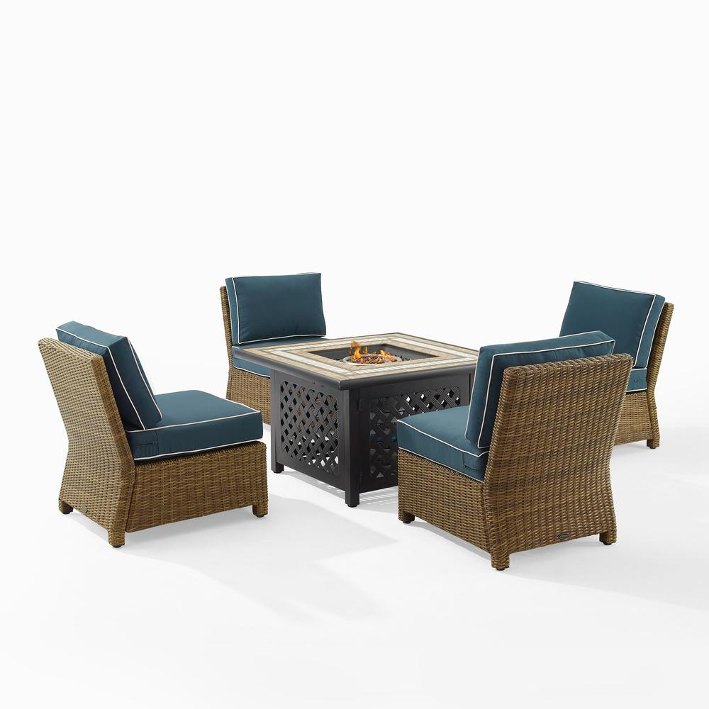 Bradenton 5Pc Outdoor Wicker Conversation Set W/Fire Table Navy/Weathered Brown - Tucson Fire Table & 4 Armless Chairs. Picture 1