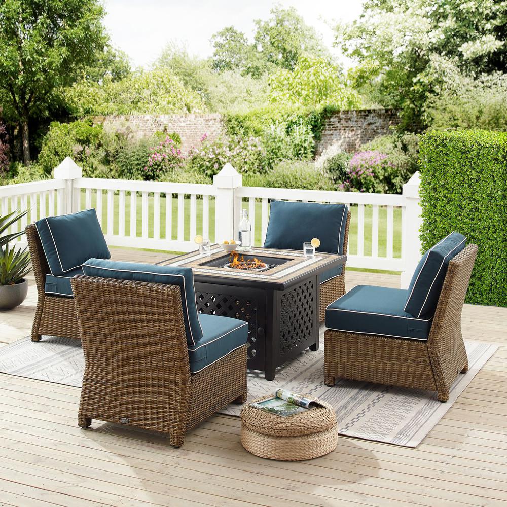 Bradenton 5Pc Outdoor Wicker Conversation Set W/Fire Table Navy/Weathered Brown - Tucson Fire Table & 4 Armless Chairs. Picture 8