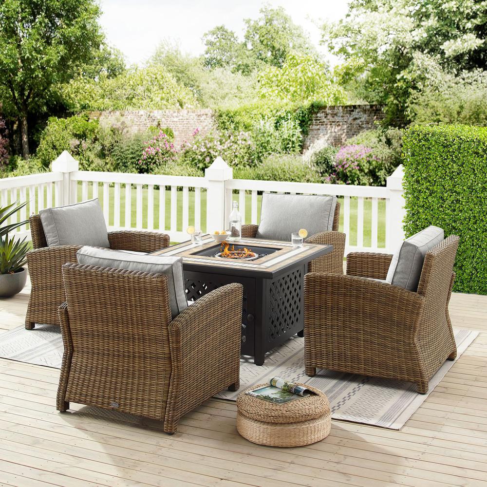 Bradenton 5Pc Outdoor Wicker Conversation Set W/Fire Table Gray/Weathered Brown - Tucson Fire Table & 4 Armchairs. Picture 7