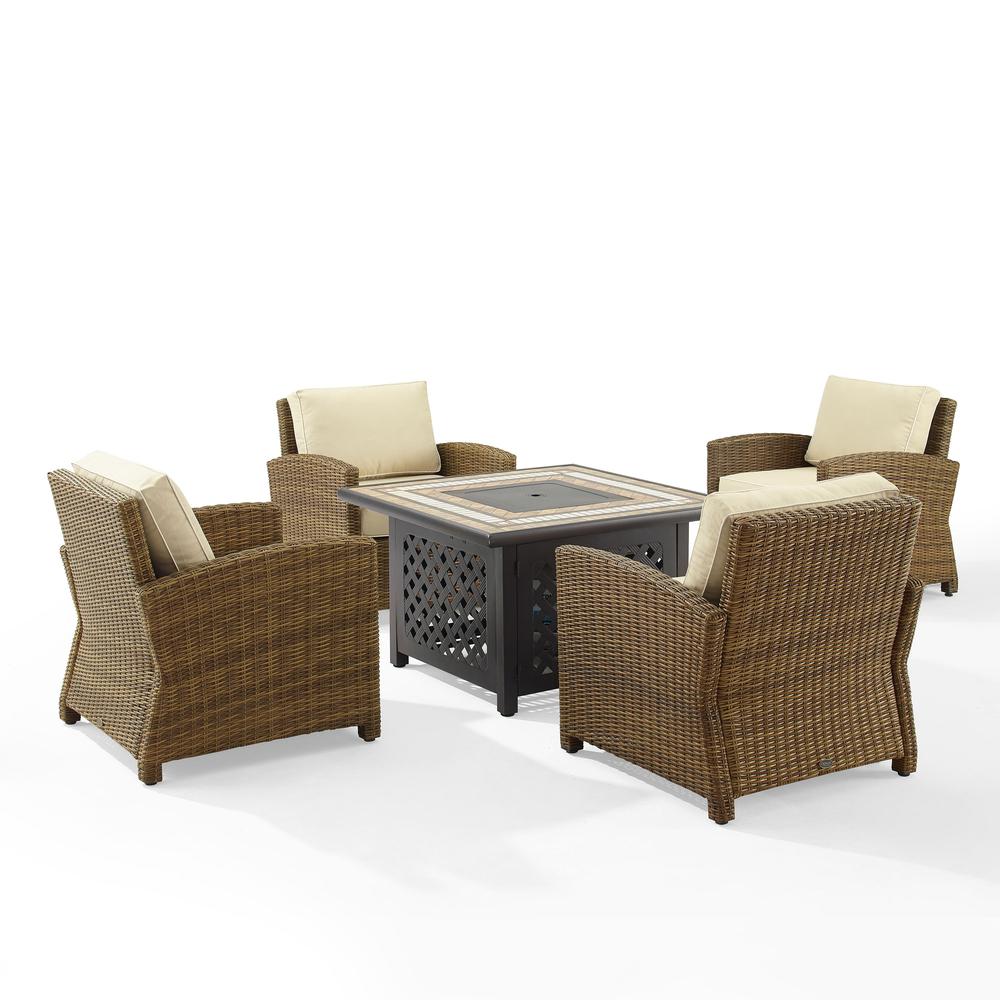 Bradenton 5Pc Outdoor Wicker Conversation Set W/Fire Table Sand/Weathered Brown - Tucson Fire Table & 4 Armchairs. Picture 1