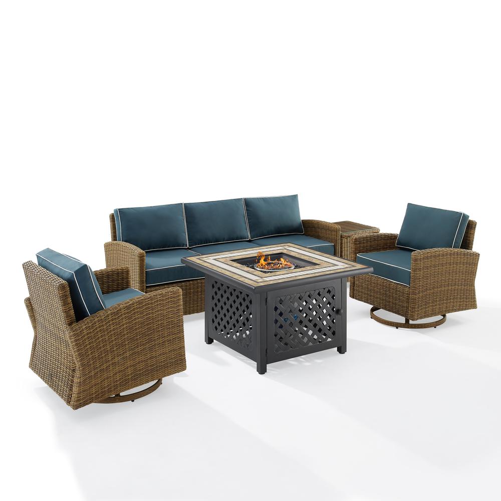 Bradenton 5Pc Swivel Rocker And Sofa Set W/Fire Table Navy/Weathered Brown - Tucson Fire Table, Sofa, Side Table, & 2 Swivel Rockers. Picture 1