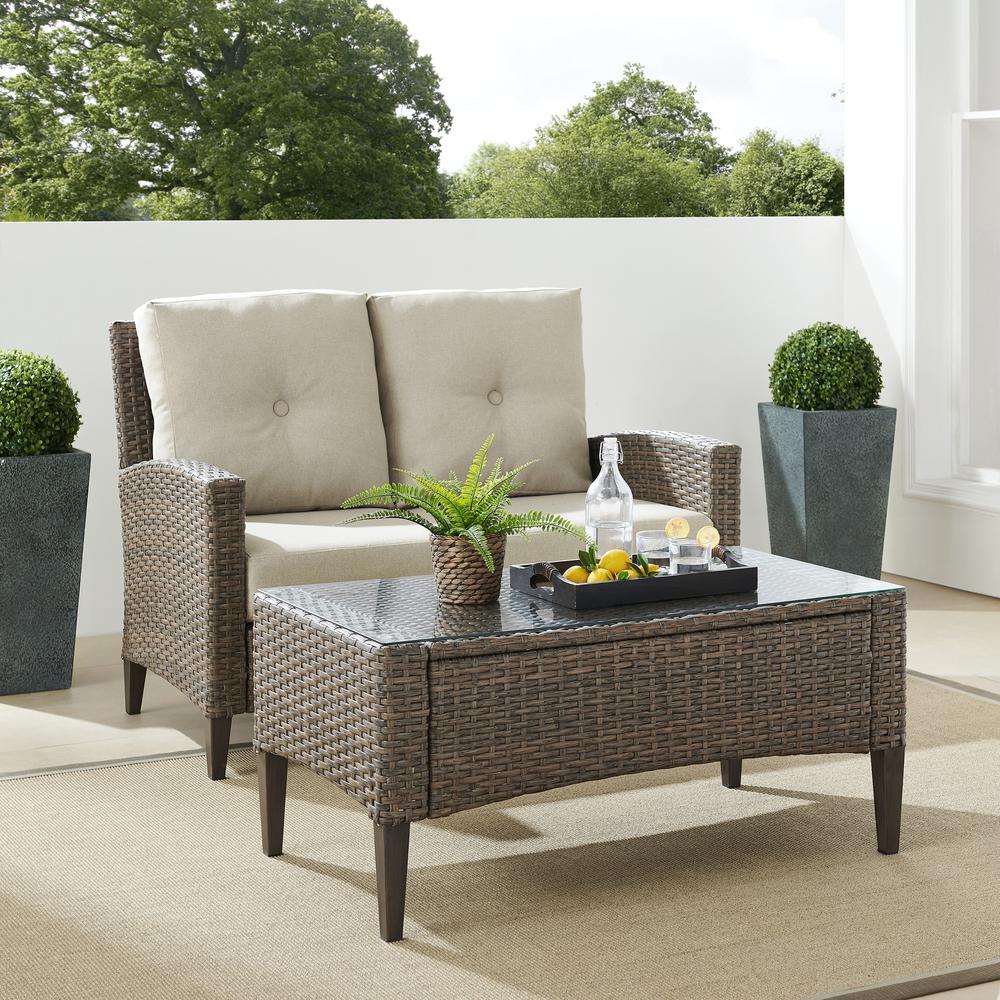 Rockport Outdoor Wicker 2Pc High Back Conversation Set Oatmeal/Light Brown - Loveseat & Coffee Table. Picture 11