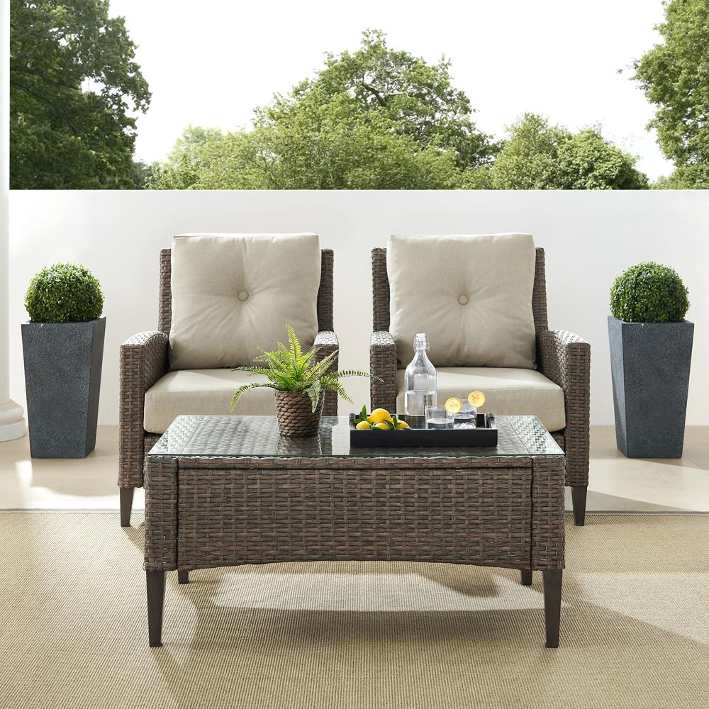 Rockport Outdoor Wicker 3Pc Back Chair Set Oatmeal/Light Brown - Coffee Table & 2 Armchairs