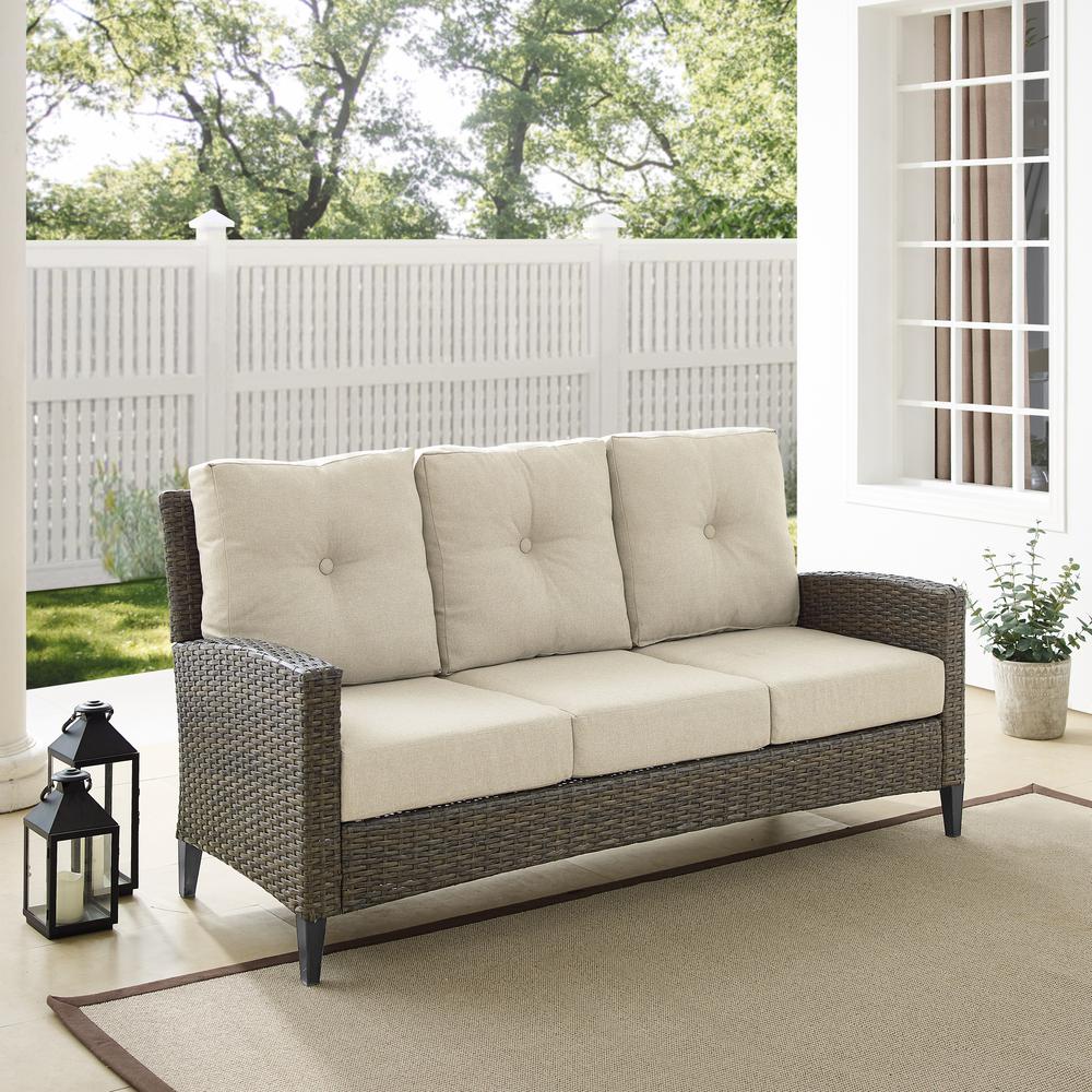 Rockport Outdoor Wicker High Back Sofa Oatmeal/Light Brown. Picture 7