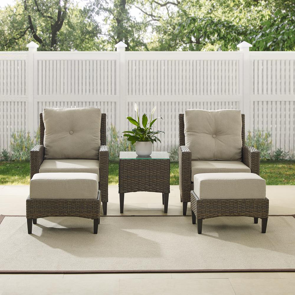 Rockport 5Pc Outdoor Wicker High Back Chair Set Oatmeal/Light Brown - Side Table, 2 Armchairs, & 2 Ottomans. Picture 3