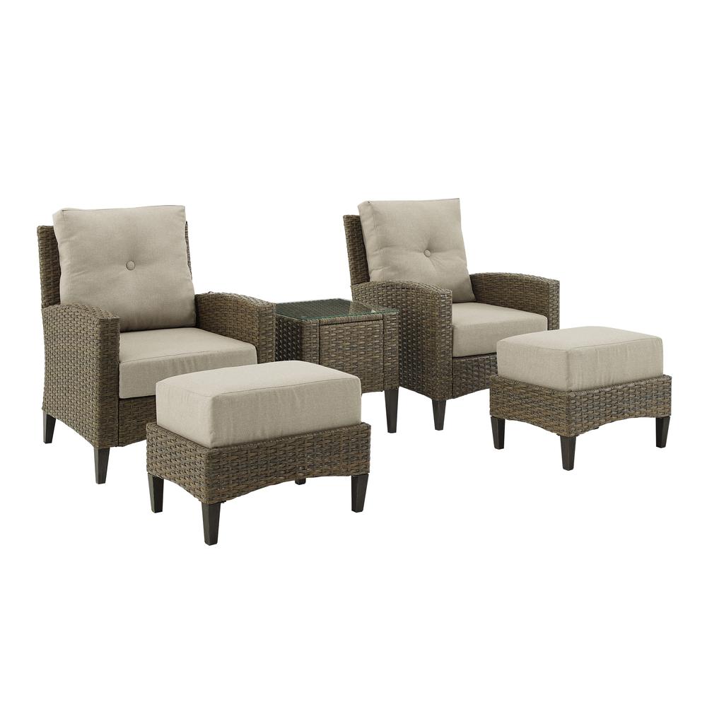 Rockport 5Pc Outdoor Wicker High Back Chair Set Oatmeal/Light Brown - Side Table, 2 Armchairs, & 2 Ottomans. Picture 15