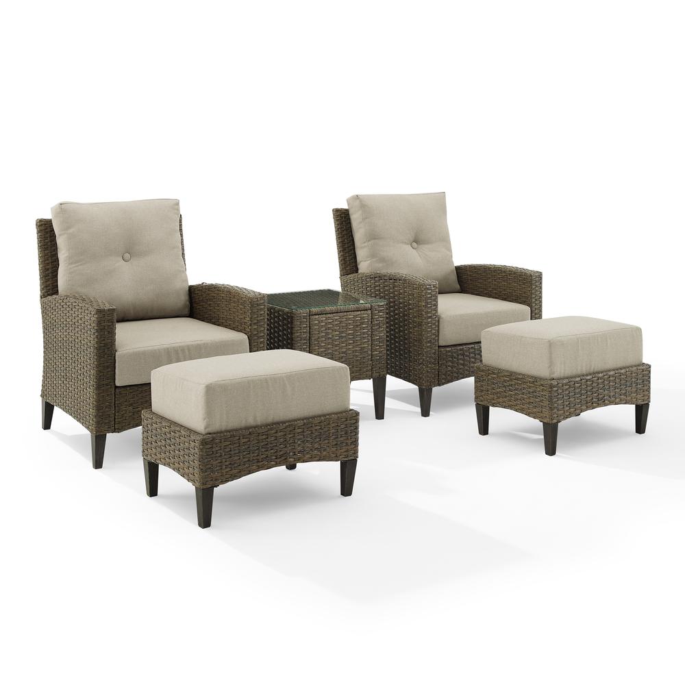 Rockport 5Pc Outdoor Wicker High Back Chair Set Oatmeal/Light Brown - Side Table, 2 Armchairs, & 2 Ottomans. Picture 2