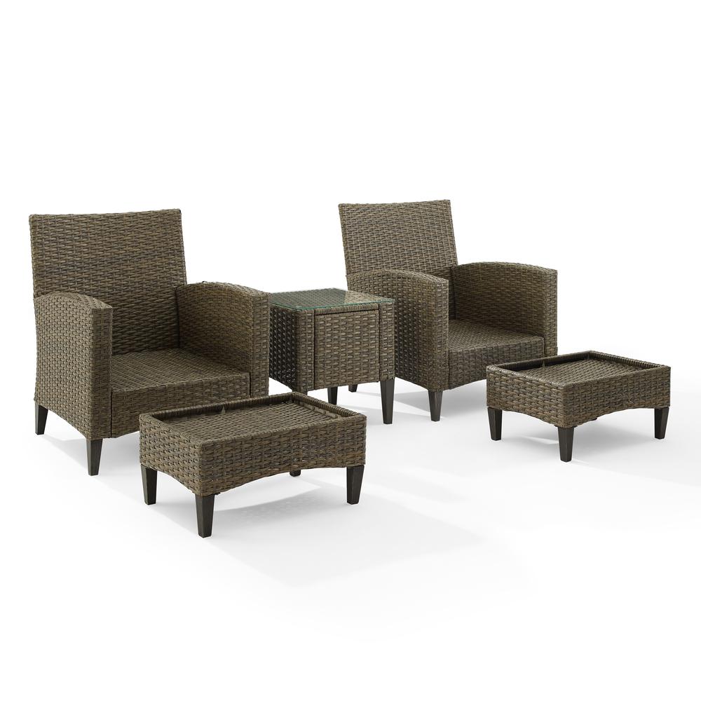 Rockport 5Pc Outdoor Wicker High Back Chair Set Oatmeal/Light Brown - Side Table, 2 Armchairs, & 2 Ottomans. The main picture.