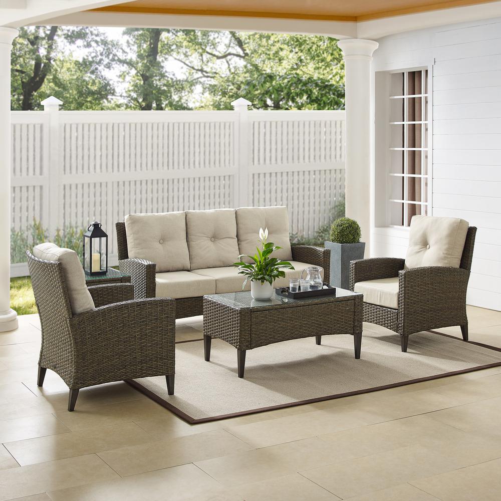 Rockport 5Pc Outdoor Wicker High Back Sofa Set Oatmeal/Light Brown - Sofa, Coffee Table, Side Table, & 2 Armchairs. Picture 14