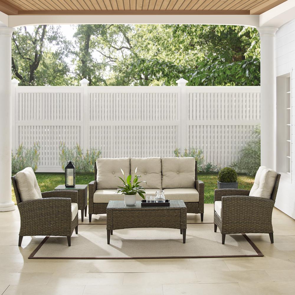 Rockport 5Pc Outdoor Wicker High Back Sofa Set Oatmeal/Light Brown - Sofa, Coffee Table, Side Table, & 2 Armchairs. Picture 15