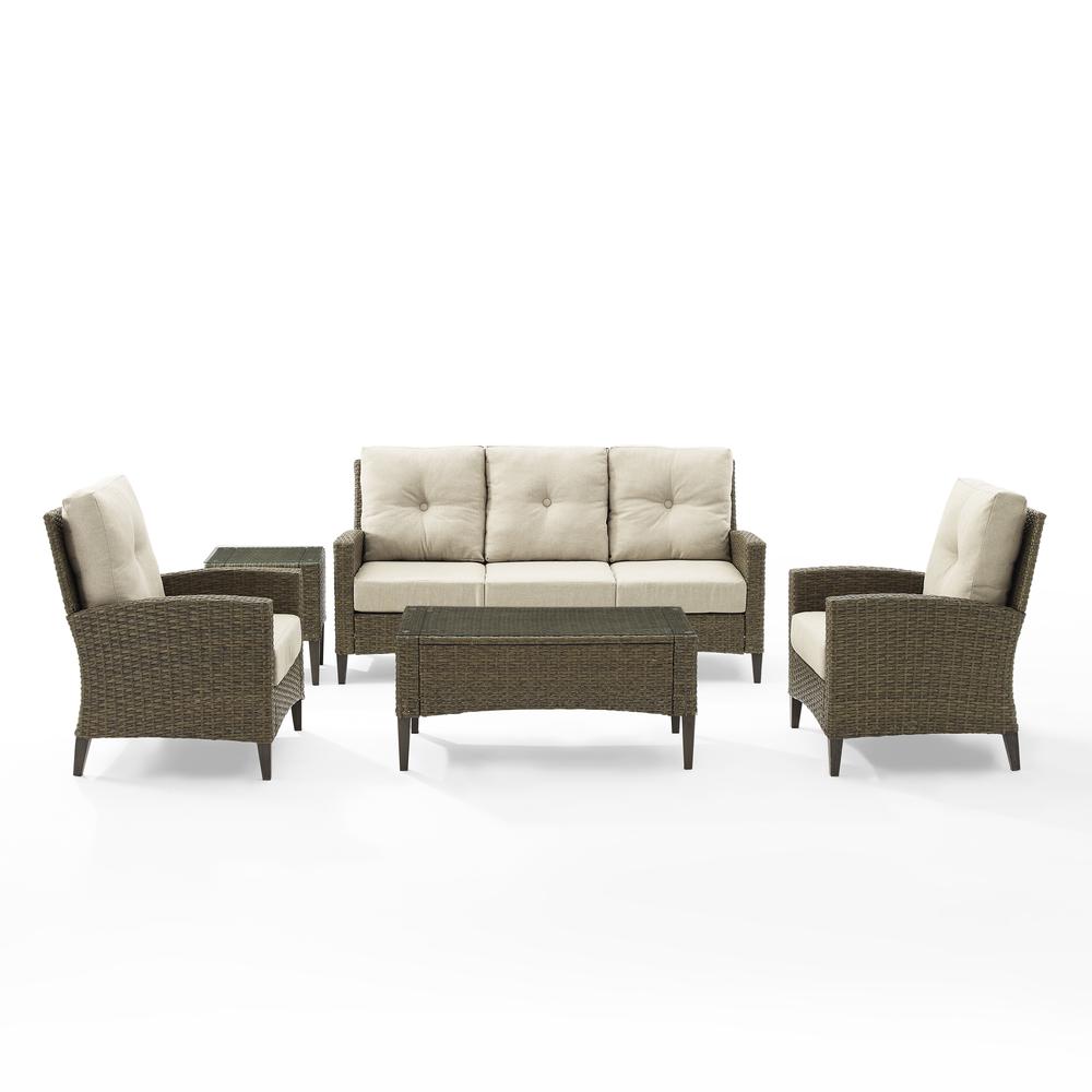 Rockport 5Pc Outdoor Wicker High Back Sofa Set Oatmeal/Light Brown - Sofa, Coffee Table, Side Table, & 2 Armchairs. Picture 12